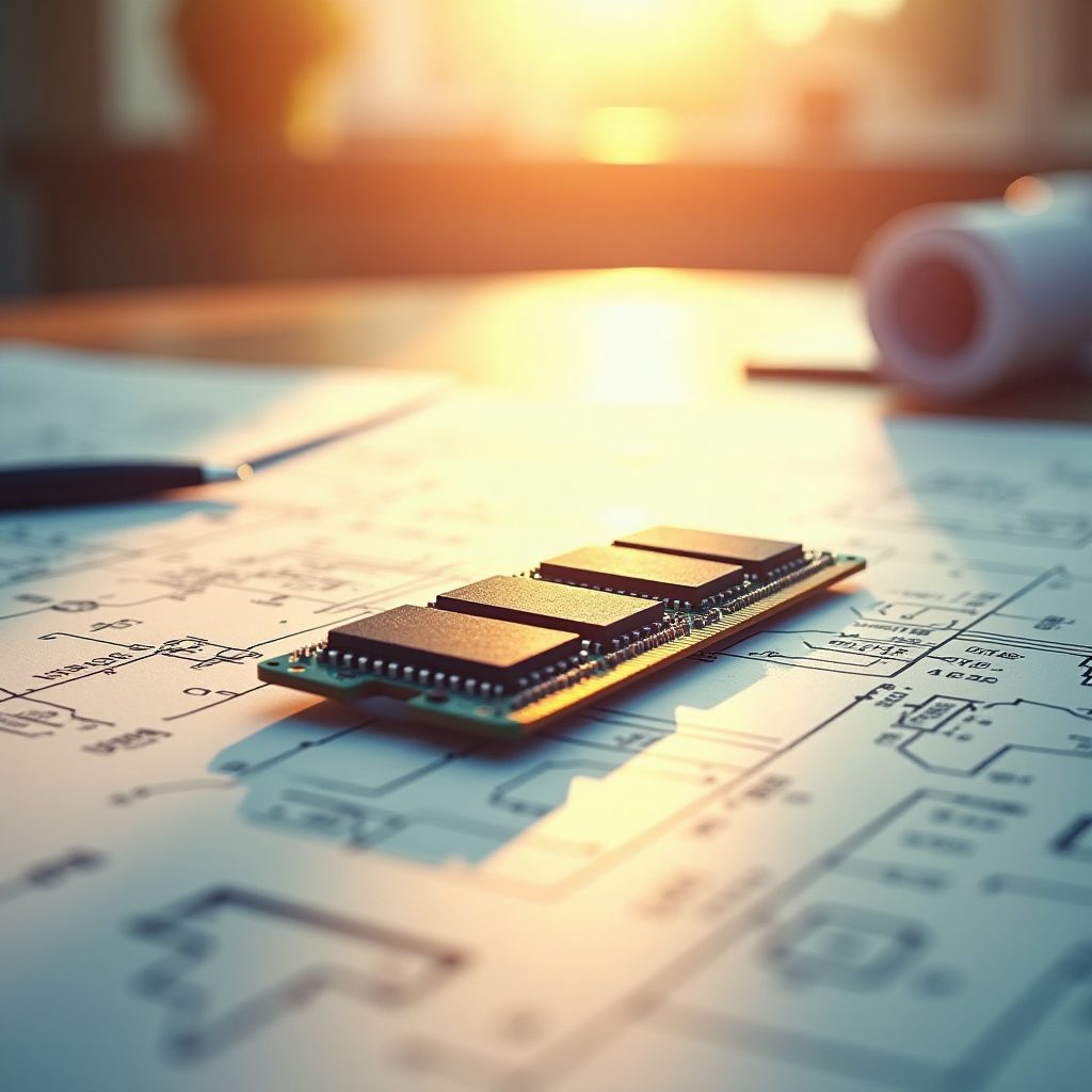 Teknik şema çizimlerinin üzerinde, üç siyah çip bulunan küçük bir bellek modülü duruyor. Sıcak ışıklı arka planda bir kalem ve rulo halinde bir kağıt görünüyor.