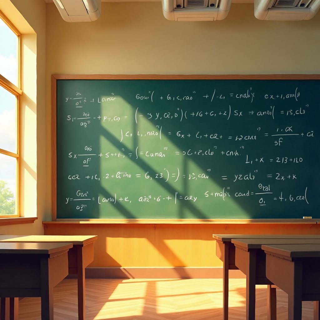 Yeşil tahtasında yoğun matematiksel denklemler bulunan boş bir sınıf; ön planda iki ahşap masa ve pencereden süzülen sıcak güneş ışığı.